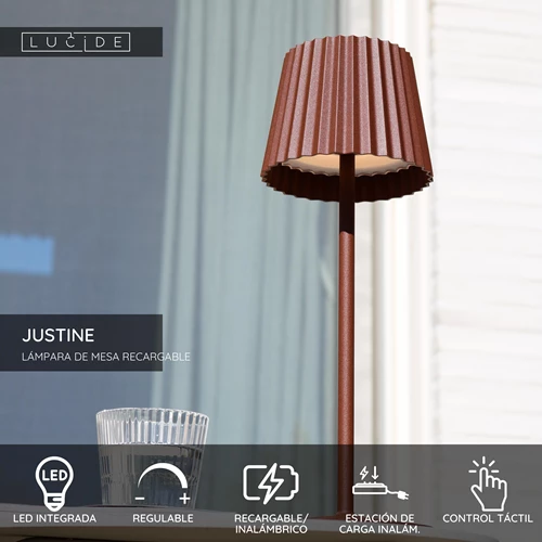 Lucide JUSTINE - Lámpara de mesa Recargable Dentro/Fuera - Batería/acumulador - LED Regul. - 1x2W 2700K - IP54 - Con estación de carga inalámbrica - Marrón óxido - USP